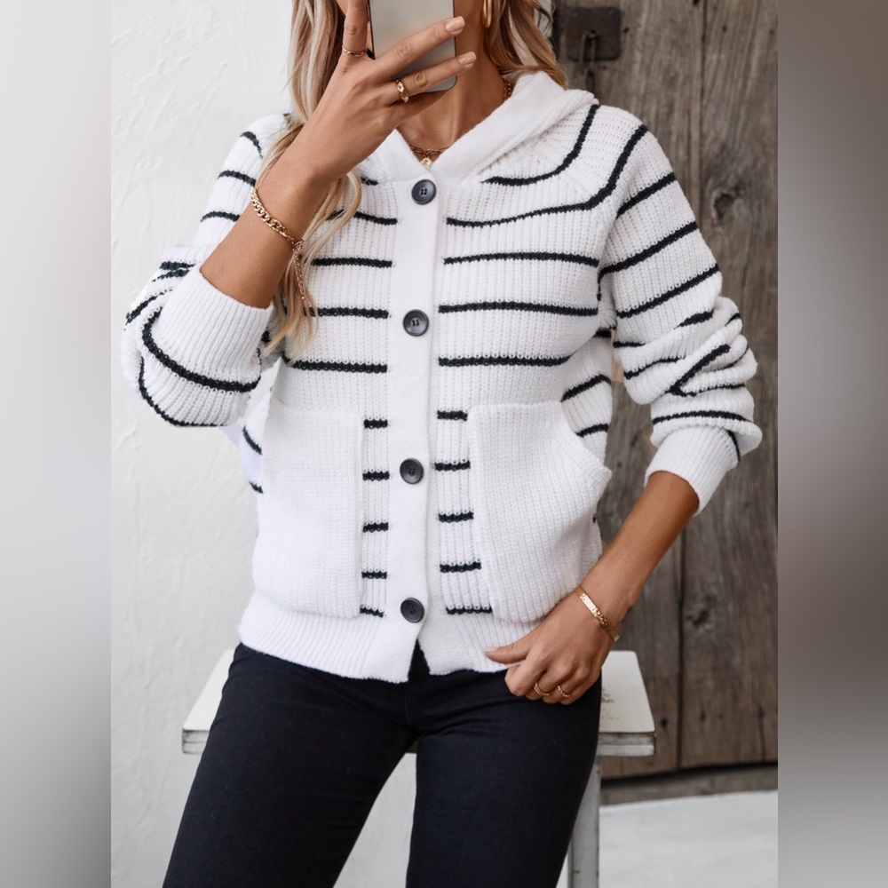 Striped Button Up Long Sleeve Hooded Cardigan - Picture 6 of 7
